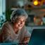 Senior vrouw lachend tijdens videobelgesprek op laptop